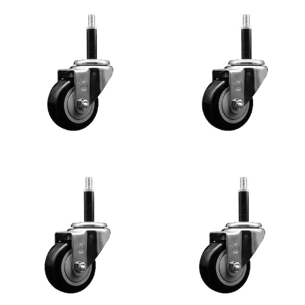 3'' Black Poly Wheel Swivel 3/4'' Expanding Stem Caster Set, 4PK